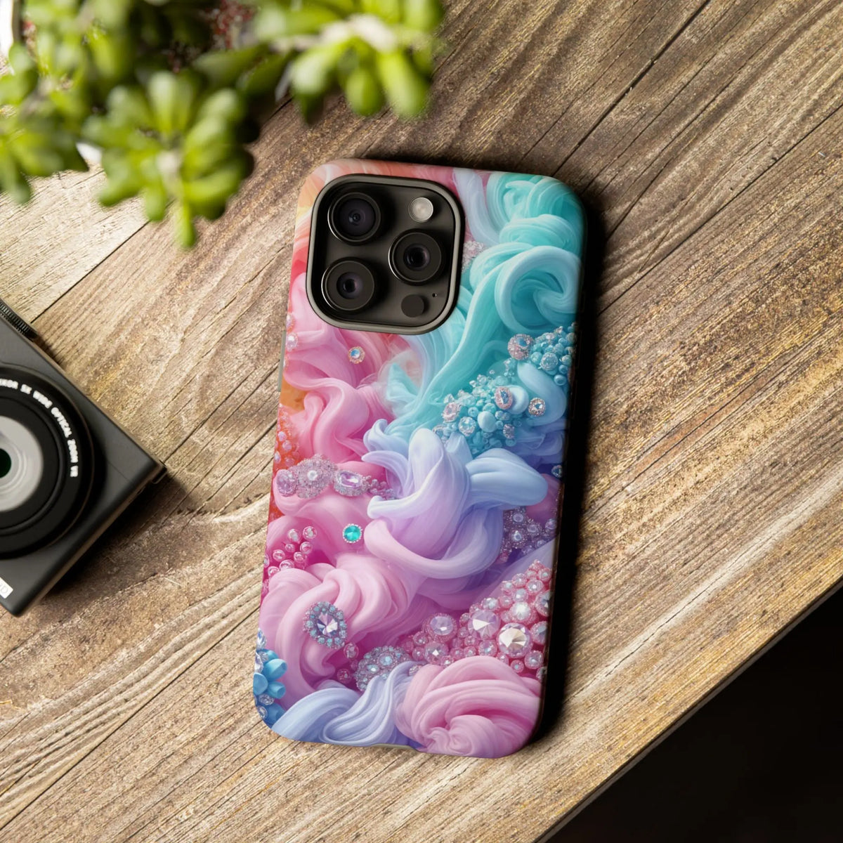 Phone case with jewels and colorfuls swirls