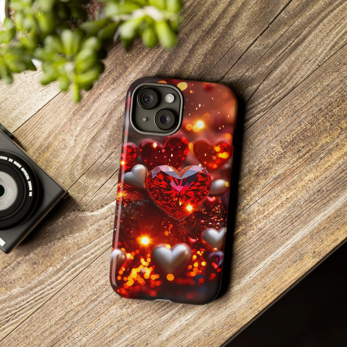 Phone case with ruby red hearts