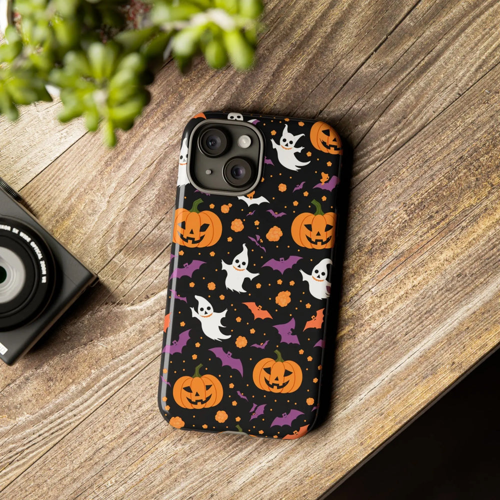 Phone case with Halloween pattern with ghosts and Jack-o-lanterns