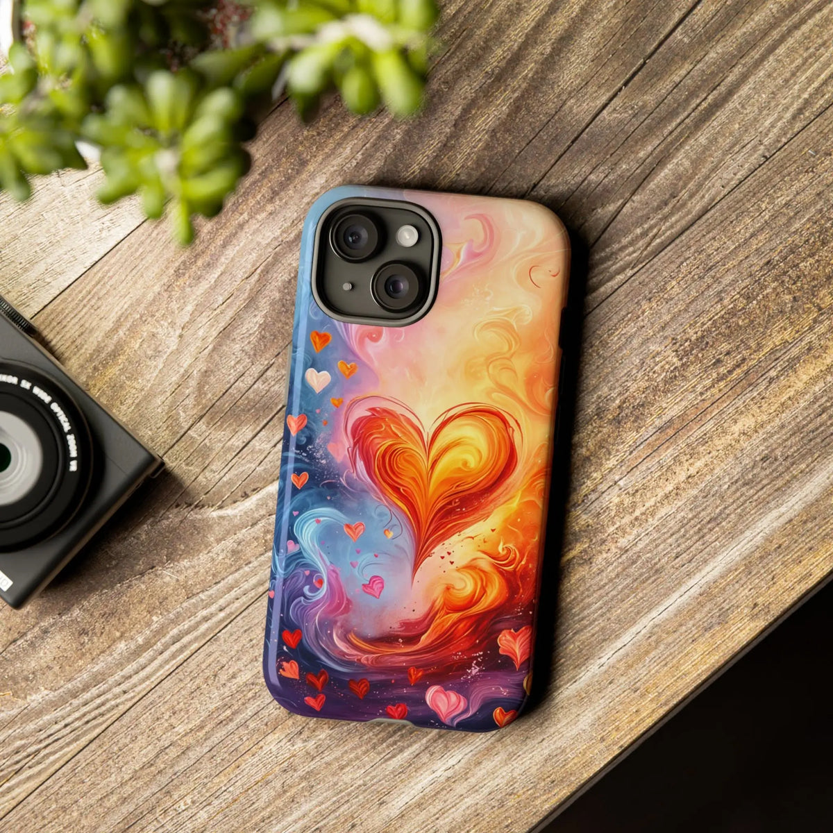 Phone Case with an abstract heart set against a colorful background