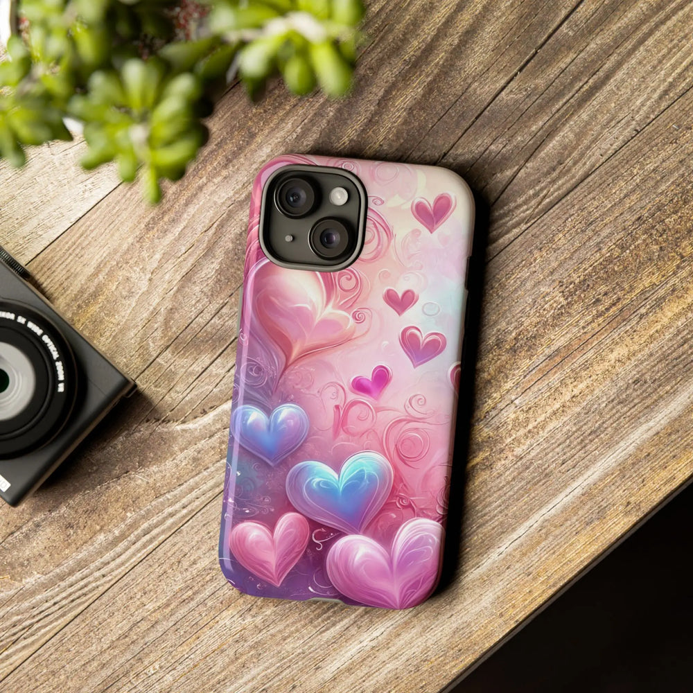 Phone Case with Pastel Hearts set against a background of colorful swirls