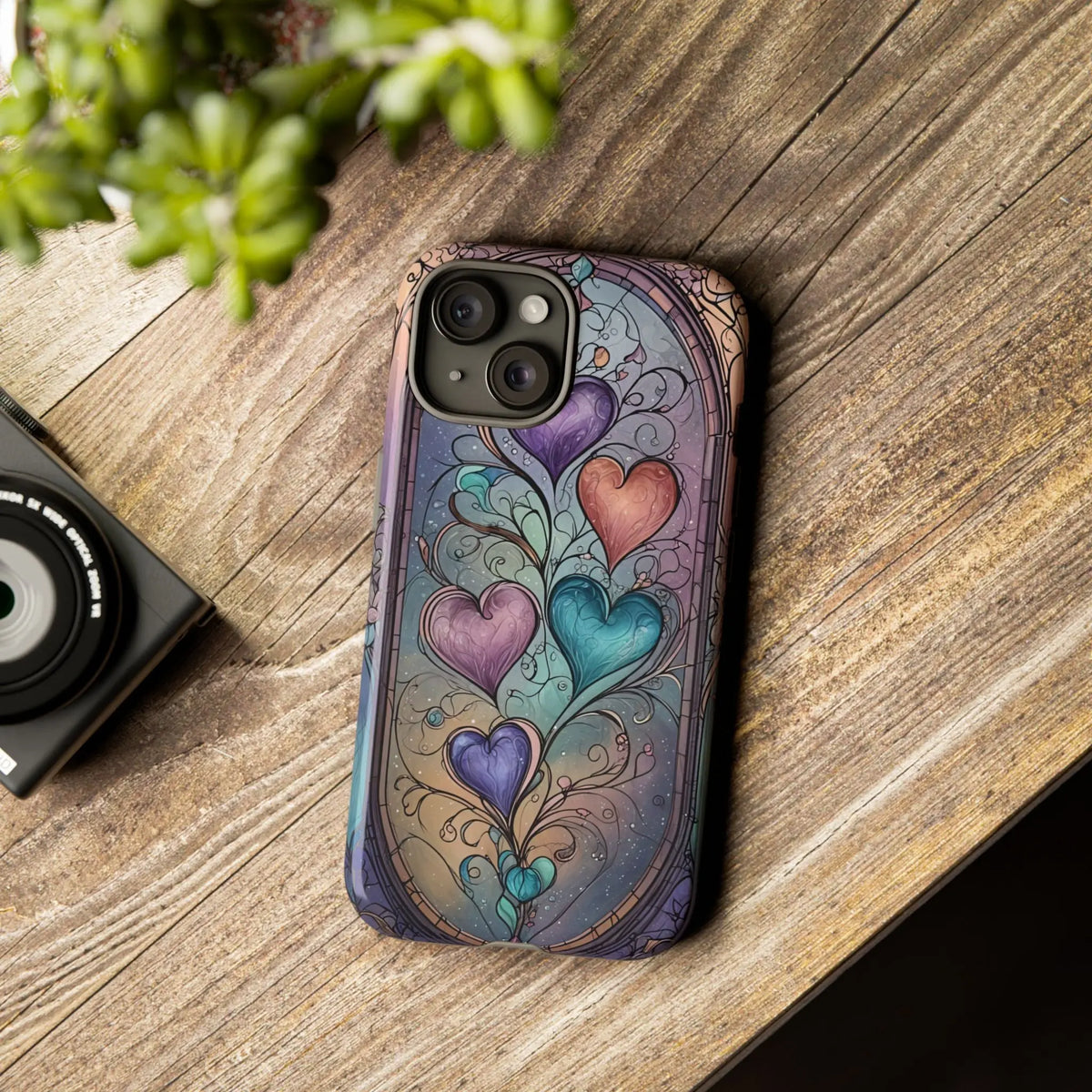 Phone case with Hearts on Stained Glass Background