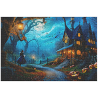 Load image into Gallery viewer, Halloween Jigsaw puzzle with haunted mansion and jack-o-lanterns
