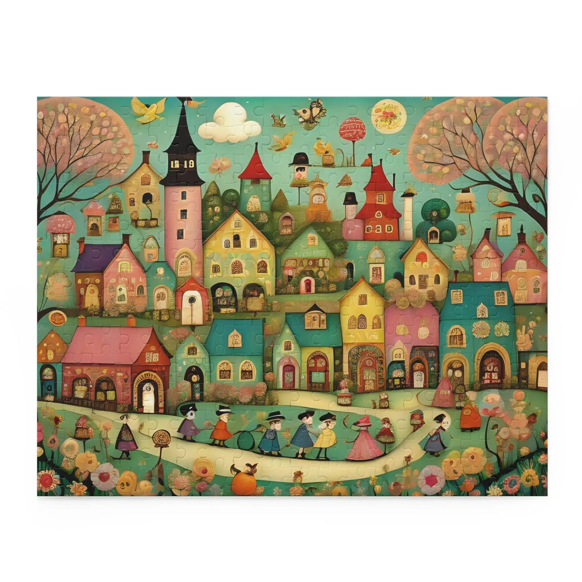 Folk Art Whimsical Village Jigsaw Puzzle (120, 252, 500 Piece) - Print Pop Store